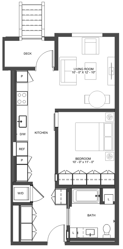 Floor plan for studio, 1 bath, 664 sqft